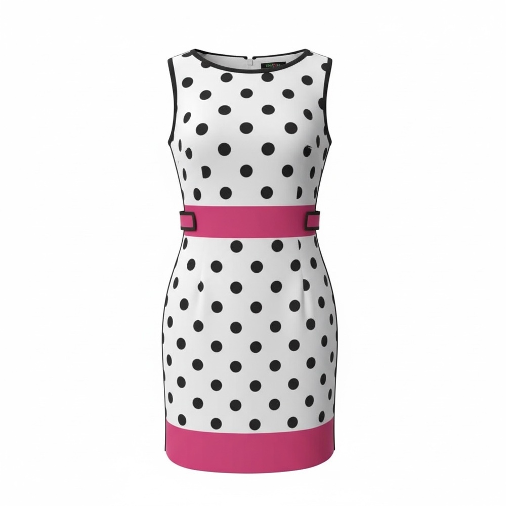 AGB White & Navy Polka Dot‎ Women's Dress w/Fuchsia Trim, Size 16